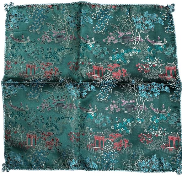 Vintage Asian-Inspired Green Silk Pillow Covers Pagoda Design Set Of 2 17x17 - Picture 2 of 4